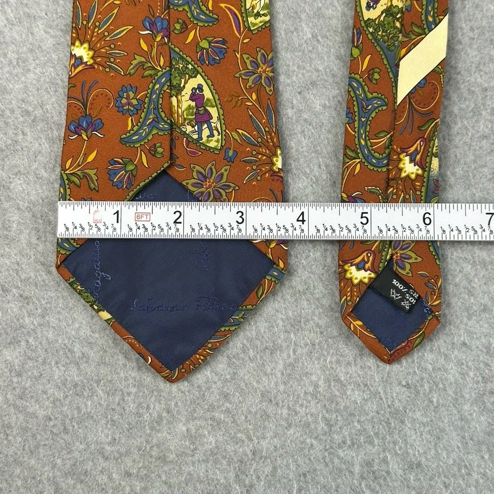 Vintage Ferragamo Silk Tie Brown Paisley Scenic Novelty Italy Wide 58x3.75